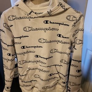 Champion hoodie boys size LG white with black writing